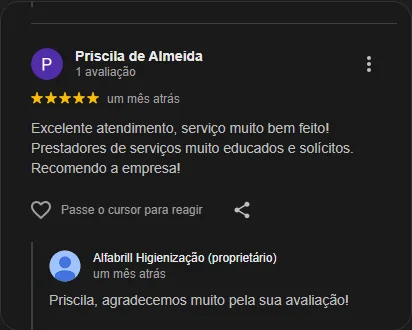 Depoimento de Priscila de Almeida — 5 estrelas no Google